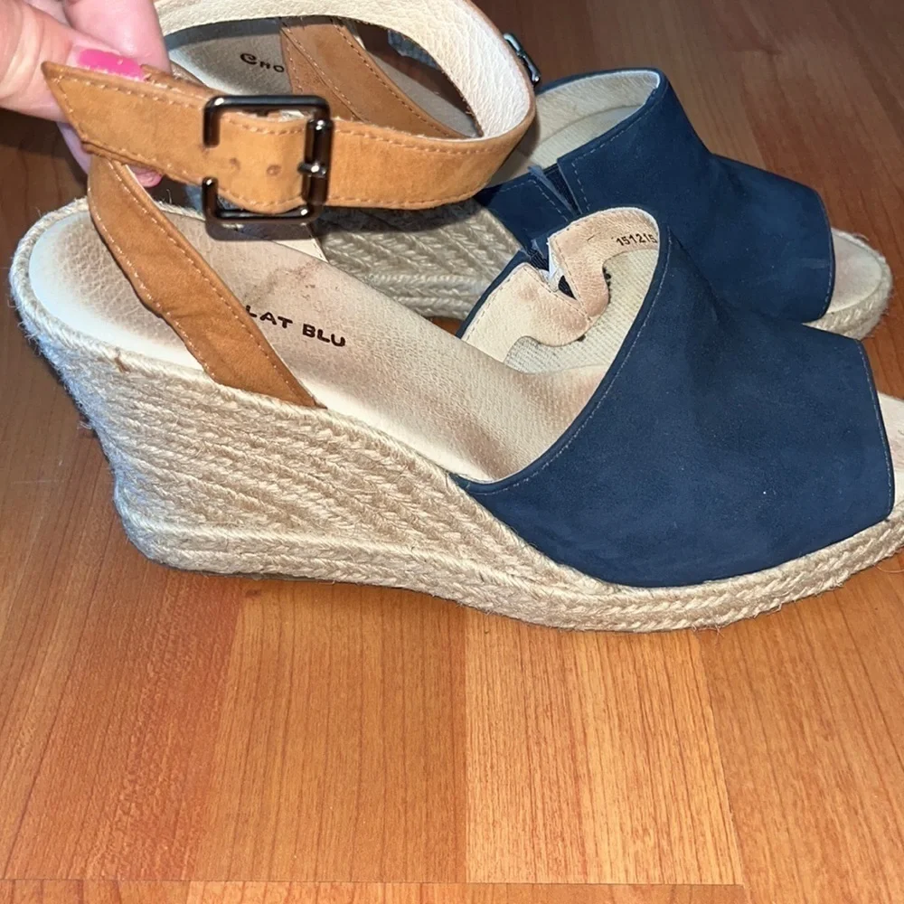 Chocolat Blu women’s navy blue and brown suede espadrilles Size 41 US 11